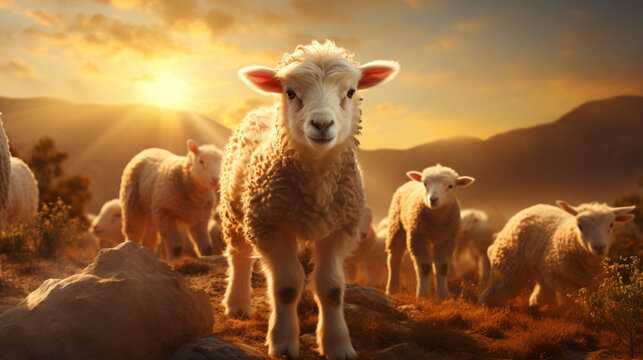 sheep cross, Flock sheep, sunset background