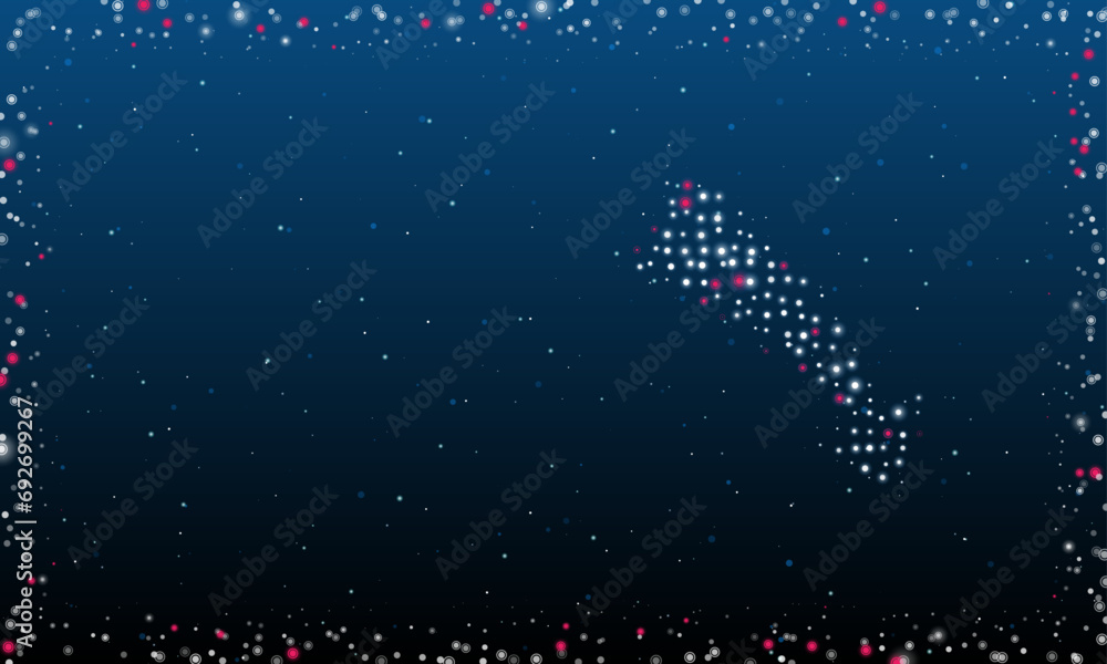 Poster on the right is the down arrow symbol filled with white dots. pointillism style. abstract futuristic