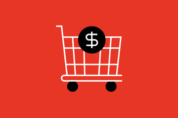 dollar sign on a supermarket basket on a red background illustration. Vector illustration in flat style design.	