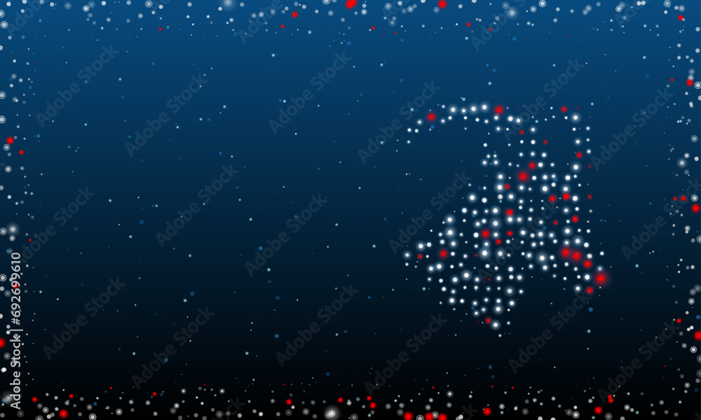 Poster On the right is the goat's head symbol filled with white dots. Pointillism style. Abstract futuristic frame of dots and circles. Some dots is red. Vector illustration on blue background with stars
