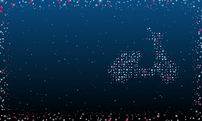 On the right is the scooter symbol filled with white dots. Pointillism style. Abstract futuristic frame of dots and circles. Some dots is pink. Vector illustration on blue background with stars