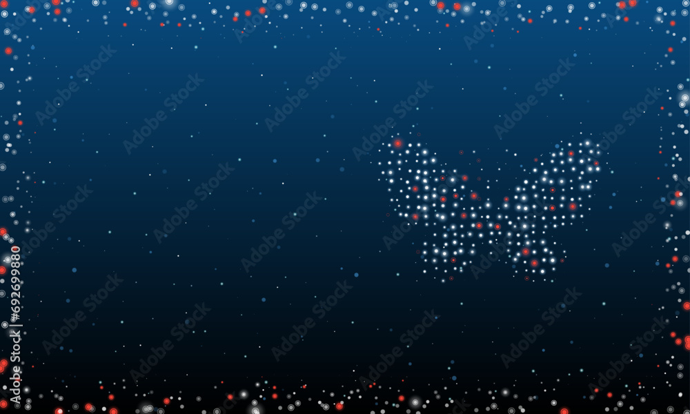 Poster on the right is the butterfly symbol filled with white dots. pointillism style. abstract futuristic 