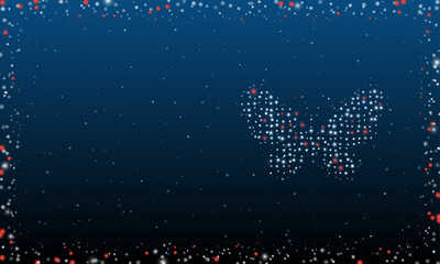 On the right is the butterfly symbol filled with white dots. Pointillism style. Abstract futuristic frame of dots and circles. Some dots is red. Vector illustration on blue background with stars