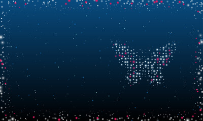 On the right is the butterfly symbol filled with white dots. Pointillism style. Abstract futuristic frame of dots and circles. Some dots is pink. Vector illustration on blue background with stars