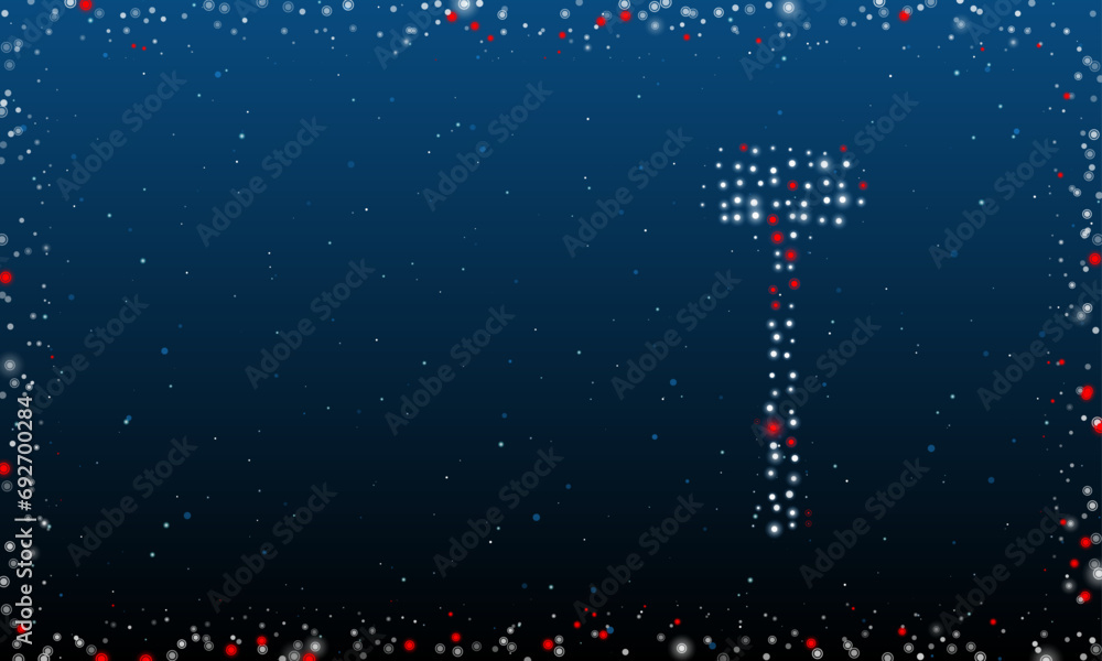 Poster on the right is the mallet symbol filled with white dots. pointillism style. abstract futuristic fra