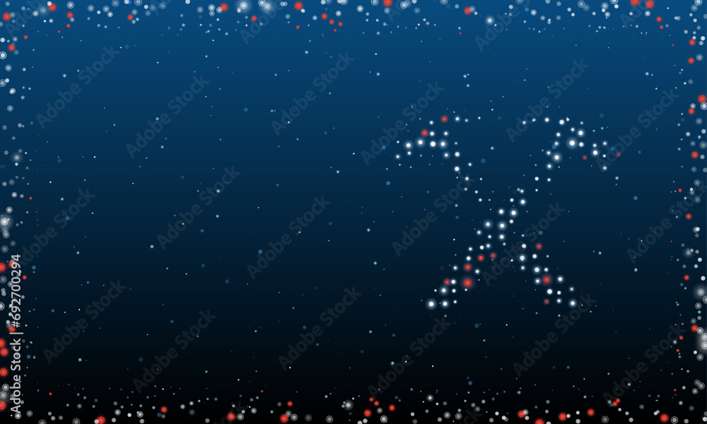 Poster on the right is the crossed hammers symbol filled with white dots. pointillism style. abstract futur