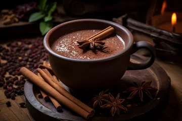 Fototapeten Experience the taste of history with a mug of Xocolatl, the Mayan precursor to modern hot chocolate, adorned with chili and cinnamon © aicandy
