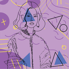 Women with abstract trendy background. 90's  Vivid, trendy, retro style patterns from 1990. Funky, abstract and vintage graphics. Seamless Abstract Geometric Poster Art Designee.