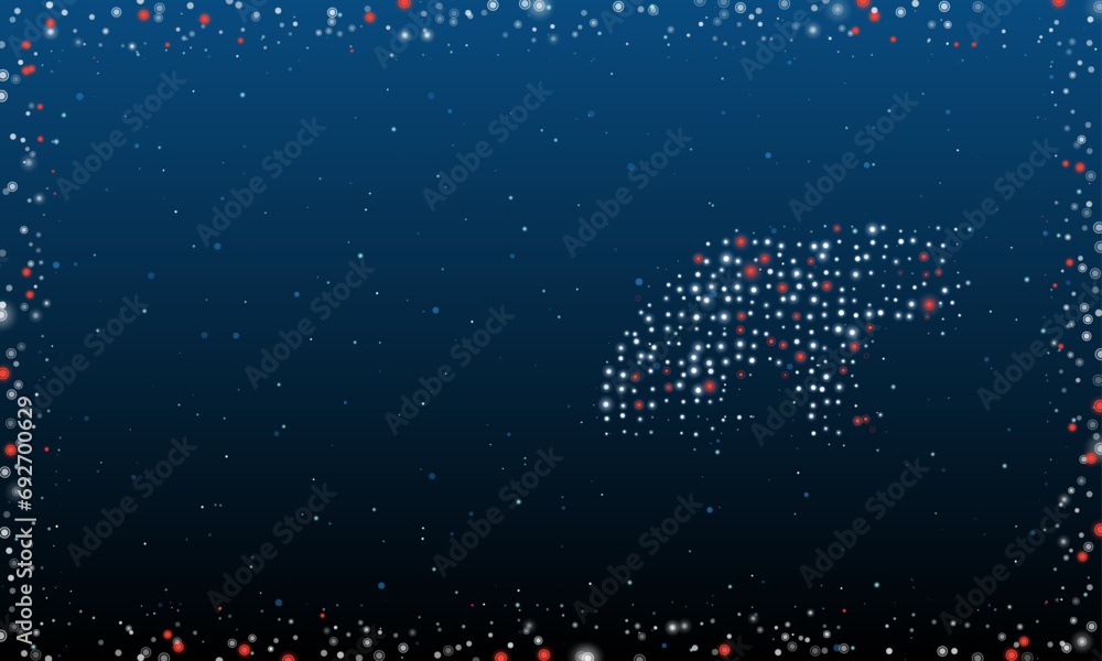 Poster On the right is the raccoon symbol filled with white dots. Pointillism style. Abstract futuristic frame of dots and circles. Some dots is red. Vector illustration on blue background with stars