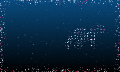 Fototapeta na wymiar On the right is the raccoon symbol filled with white dots. Pointillism style. Abstract futuristic frame of dots and circles. Some dots is pink. Vector illustration on blue background with stars