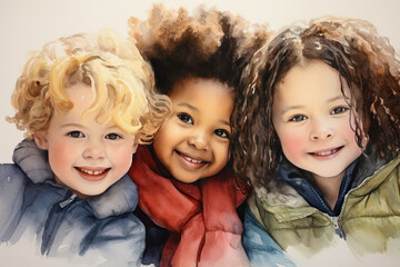 Three different children together isolated on a white background - obrazy, fototapety, plakaty