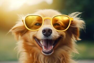 Portrait of a red dog in yellow sunglasses. Smiling dogs. Sunny day. Generative AI
