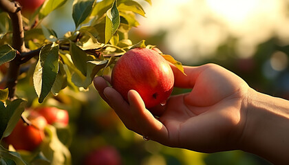 Hand holding ripe apple in fresh apple orchard generated by AI - obrazy, fototapety, plakaty