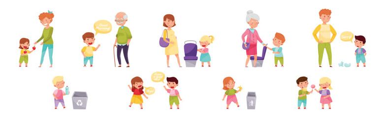 Polite Children Character with Courteous Behavior in Different Situation Vector Set