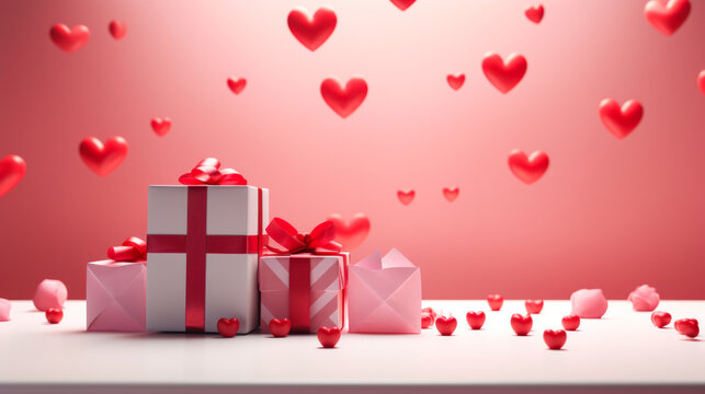 Marketing, floating hearts and gift-wrapped boxes on pink background