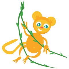 An orange monkey jumps on a long green vine. Orange monkey. 