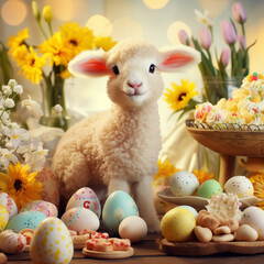 Kartka z życzeniami na Wielkanoc . Wielkanocny Baranek, pisanki i  żonkile