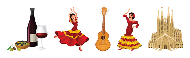 Spanish Traditional Symbols and Objects with Woman Dance Flamenco, Guitar, Wine and Cathedral Vector Set