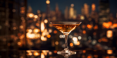 Boozy and cold Manhattan cocktail on a table with blurry city view background  - obrazy, fototapety, plakaty