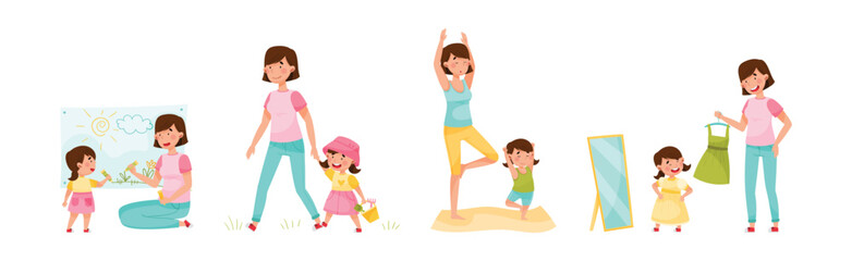 Mother and Daughter Characters Spending Time Together Vector Set