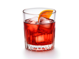 Delicious iced red cocktail with an orange slice isolated on white background 