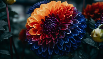Vibrant multi colored dahlia blossom, wet with freshness, in close up generated by AI
