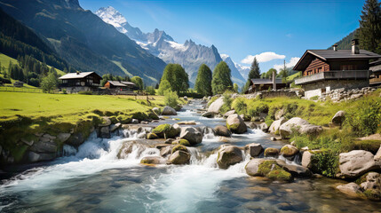 Fototapeta premium Beautiful Alps landscape with village, green fields, mountain river at sunny day. Swiss mountains at the background