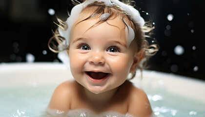 Smiling cute baby enjoying a playful bubble bath generated by AI