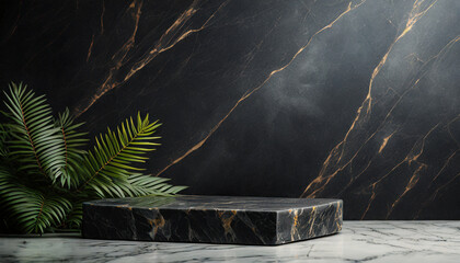 Rustic luxury meets product display on a black marble background with a touch of elegance and earthiness