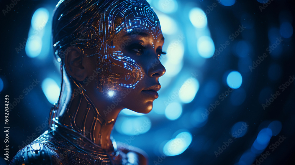 Poster futuristic portrait, skin adorned with glowing circuit patterns, deep space background