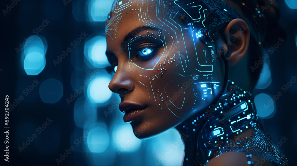 Poster futuristic portrait, skin adorned with glowing circuit patterns, deep space background