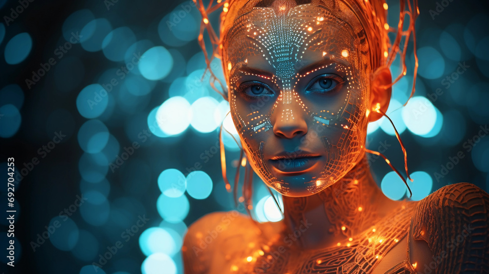 Poster futuristic portrait, skin adorned with glowing circuit patterns, deep space background