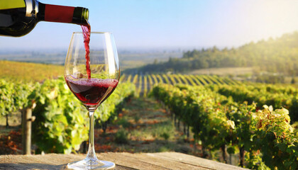 Sunlit vineyard, pouring red wine into a glass against a scenic backdrop. Capturing the essence of winemaking and leisure on a sunny day. caption space  - obrazy, fototapety, plakaty