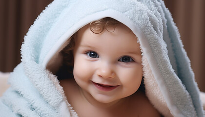 Cute baby boy smiling, wrapped in soft blanket generated by AI