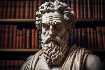 Iconographic portrait of a revered philosopher, marble bust, stoic expression, classical library backdrop