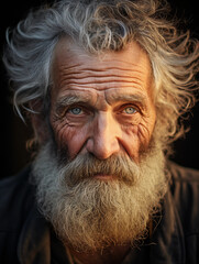 elderly man with a weathered face, deep-set eyes, salt-and-pepper beard, storytelling wrinkles