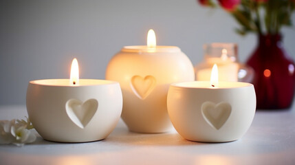 Fototapeta na wymiar a selection of scented candles in heart-shaped holders, positioned against a clean white background, creating a warm and inviting atmosphere for a romantic Valentine's Day celebration