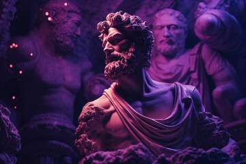 Abstract neon vibes ancient roman, greek stoic person, marble, stone sculpture, bust, statue. Modern stoicism. Great for stoic quotes.