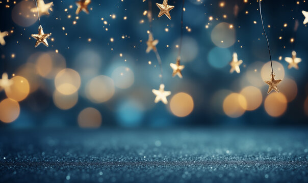 Christmas and New Year holidays blue background with golden stars and bokeh lights