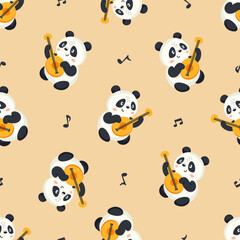 Seamless vector pattern on beige background. Cute panda dancing and playing guitar . Vector illustration