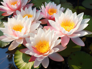 Close up of soft pink Lotus flowers with green leaves and waterdrops on it,  blurry background