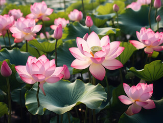 Close up of soft pink Lotus flowers with green leaves and waterdrops on it,  blurry background