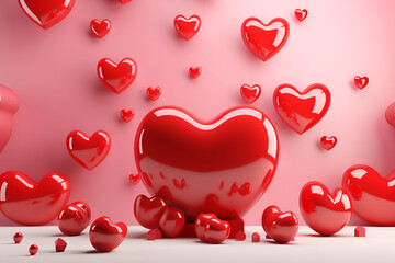 Valentine's Day background, with 3D hearts, with copy space, in red color. On a pink background, bright and rich for design.