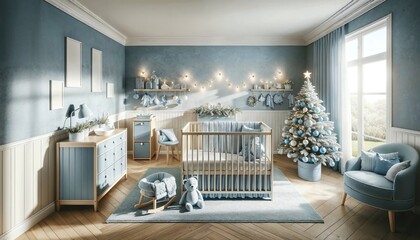 A cozy den for the little one, adorned with a festive tree, surrounded by warm cabinetry and a soft couch, in the heart of a beautiful home - obrazy, fototapety, plakaty