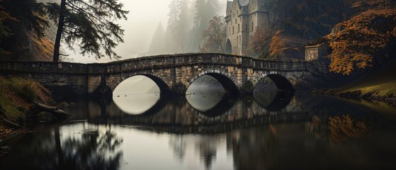 Stone Bridge over River in Atmospheric Autumn setting. Moody Rural Background. Generative AI.