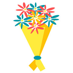 
A beautiful bouquet of flowers in an orange wrapper. Flowers. Bouquet of colored flowers. Bouquet with turquoise ribbon and orange packaging.