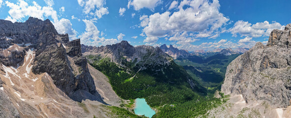 Panorama view of the blue turquoise Lake Sorapis, Lago di Sorapiss, with mountains with the...