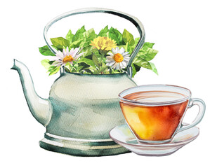 Vintage kettle with camomile flowers and tea cup illustration. Retro teapot and mug design. Hot drink clipart isolated on a white background.