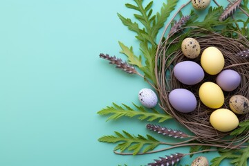 Multi-colored Easter eggs in a nest on a green background. Holiday card, banner