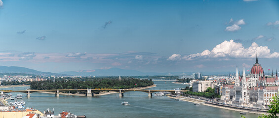 Panoramic view on Hungarian parliament and river Dunai